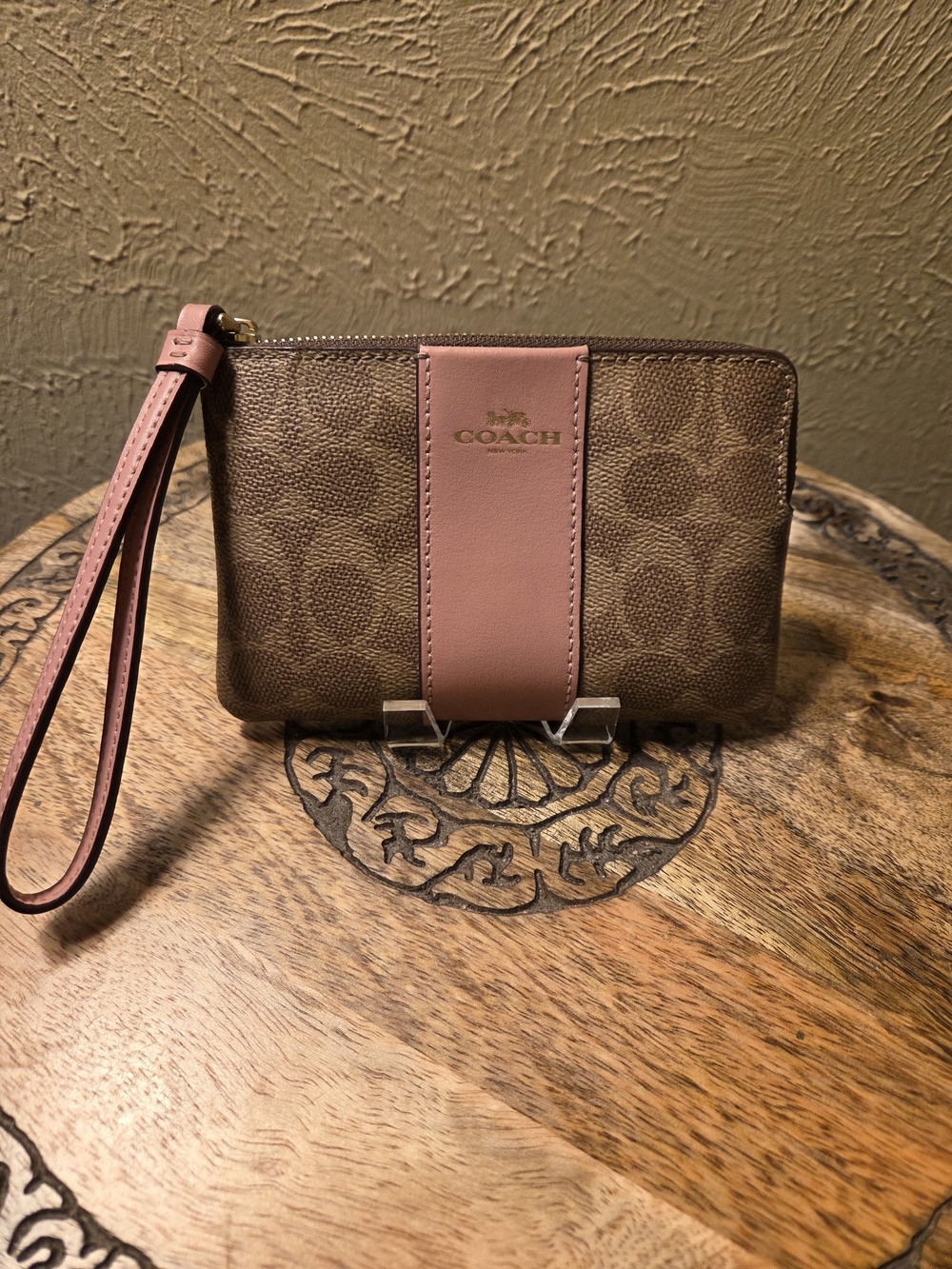 Coach Signature Coated Canvas Wristlet with Pink Leather Accent NWOT